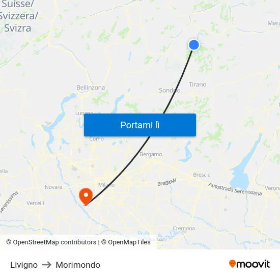 Livigno to Morimondo map