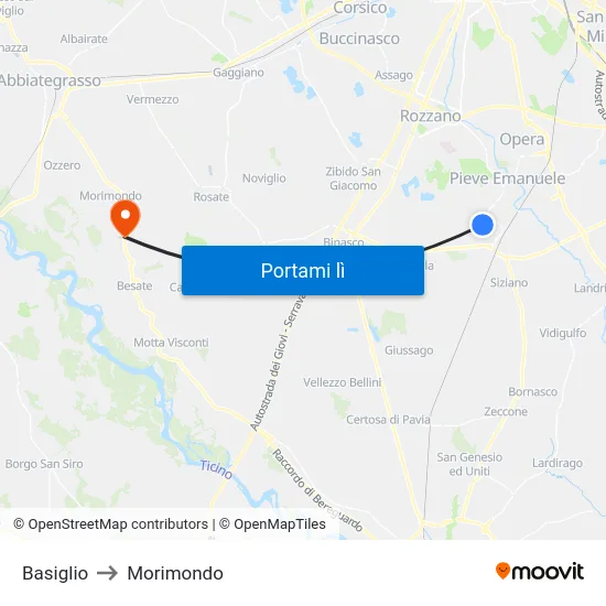 Basiglio to Morimondo map