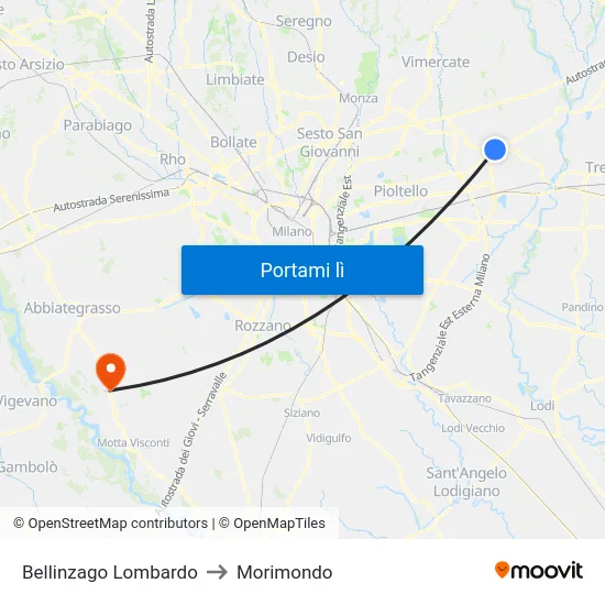 Bellinzago Lombardo to Morimondo map