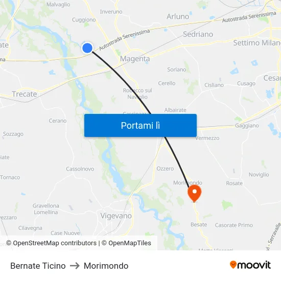 Bernate Ticino to Morimondo map