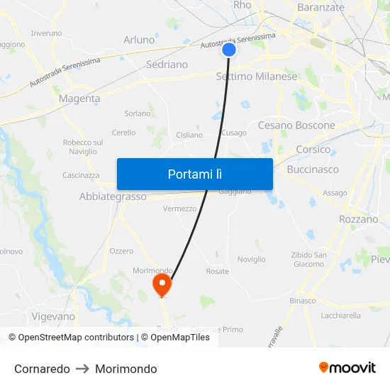 Cornaredo to Morimondo map