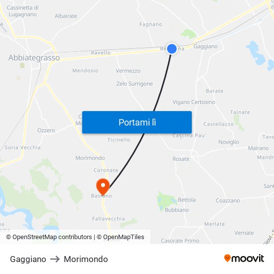 Gaggiano to Morimondo map