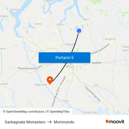 Garbagnate Monastero to Morimondo map