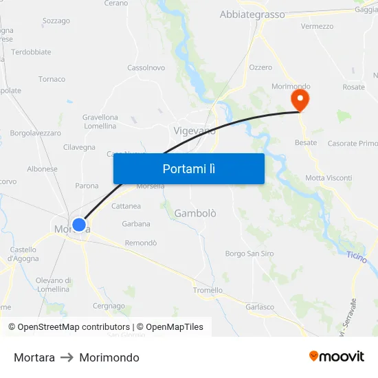 Mortara to Morimondo map