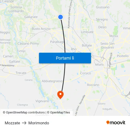 Mozzate to Morimondo map