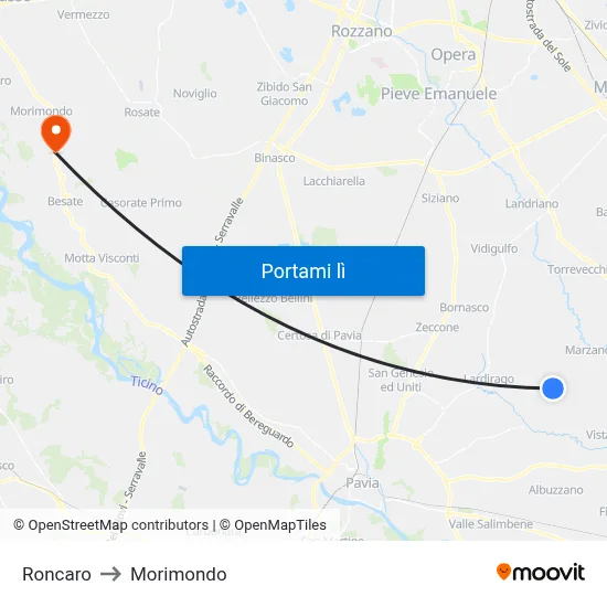 Roncaro to Morimondo map