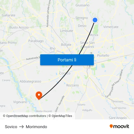 Sovico to Morimondo map