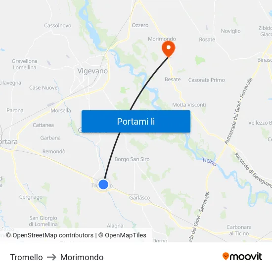 Tromello to Morimondo map