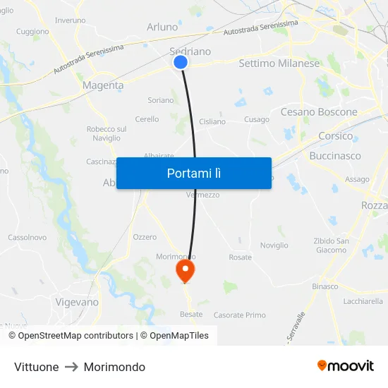Vittuone to Morimondo map