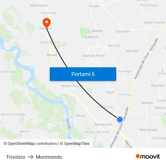 Trivolzio to Morimondo map