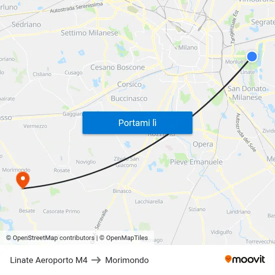 Linate Aeroporto M4 to Morimondo map