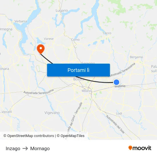 Inzago to Mornago map