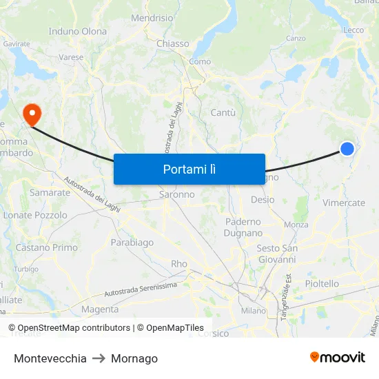 Montevecchia to Mornago map