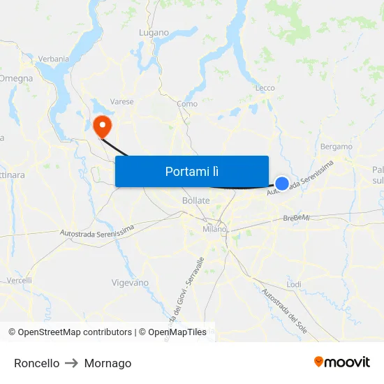 Roncello to Mornago map