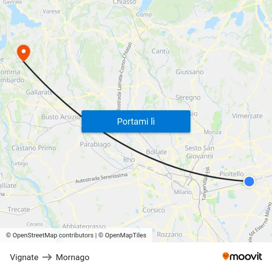 Vignate to Mornago map