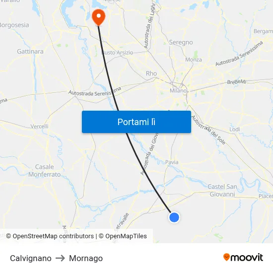 Calvignano to Mornago map