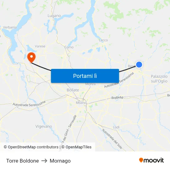 Torre Boldone to Mornago map