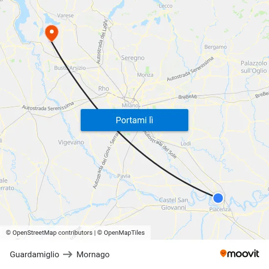 Guardamiglio to Mornago map