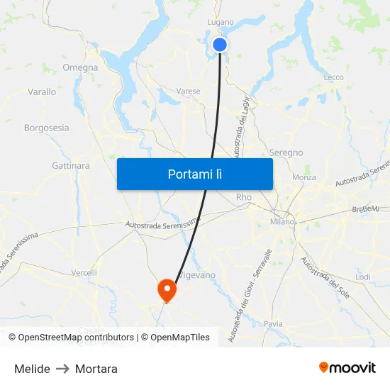 Melide to Mortara map