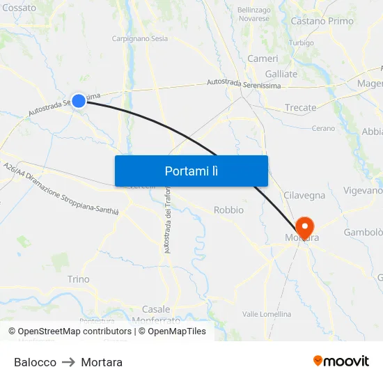 Balocco to Mortara map