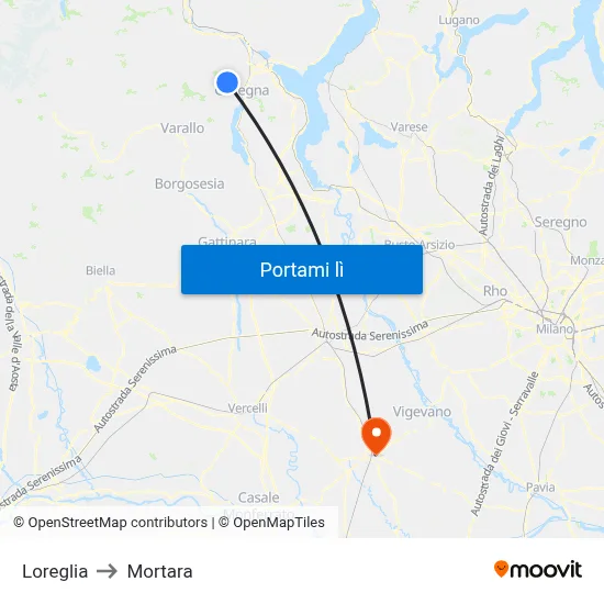 Loreglia to Mortara map