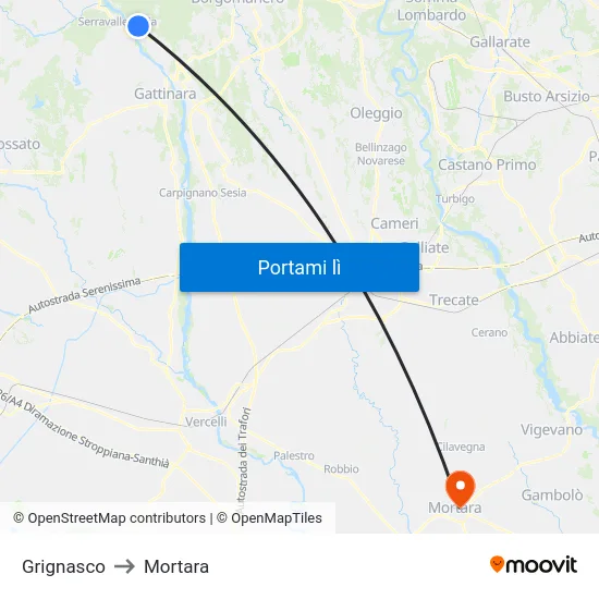 Grignasco to Mortara map