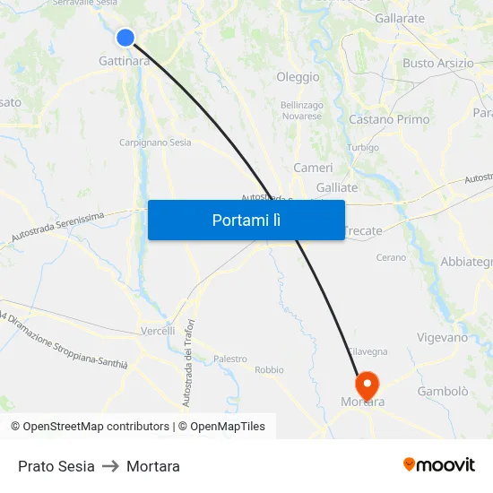 Prato Sesia to Mortara map