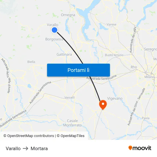 Varallo to Mortara map