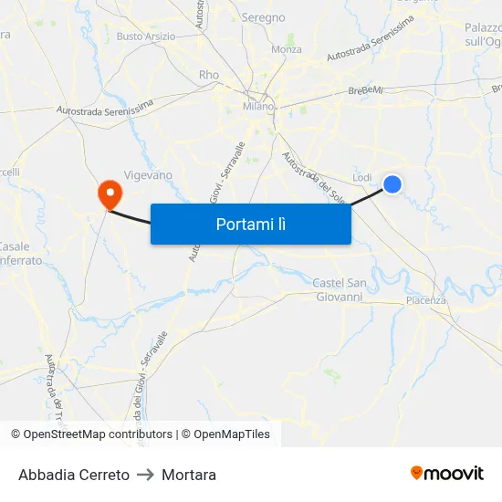 Abbadia Cerreto to Mortara map