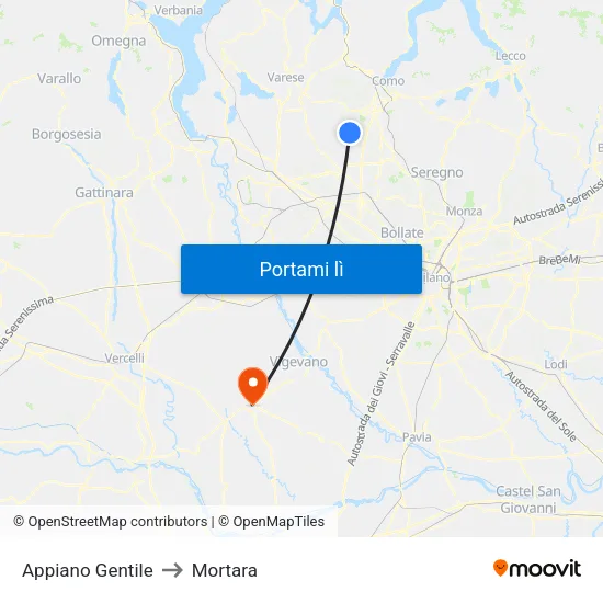 Appiano Gentile to Mortara map