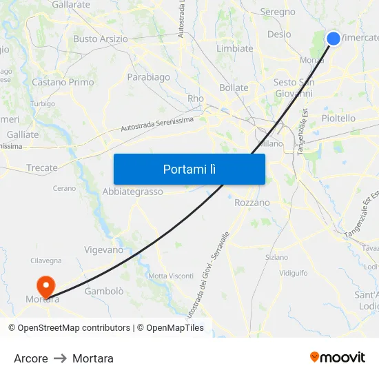 Arcore to Mortara map