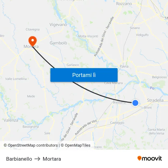 Barbianello to Mortara map