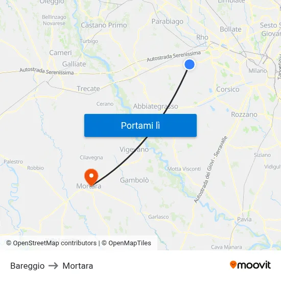 Bareggio to Mortara map