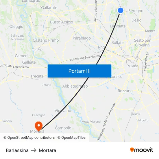 Barlassina to Mortara map