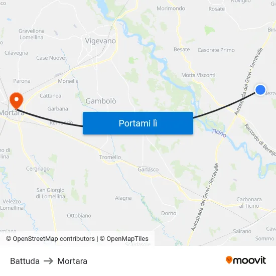 Battuda to Mortara map