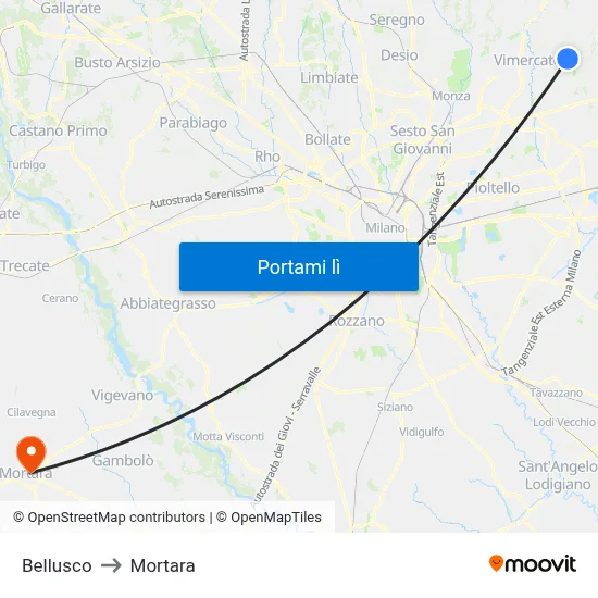 Bellusco to Mortara map
