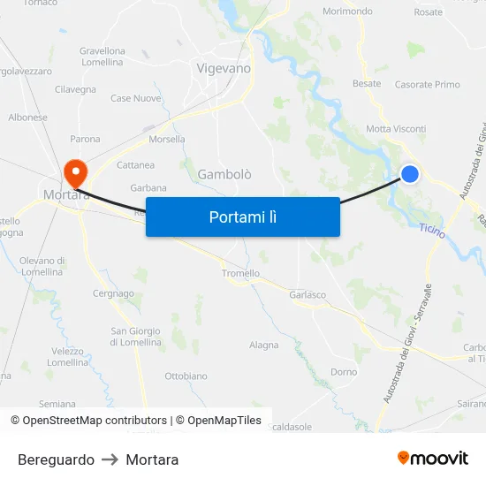 Bereguardo to Mortara map