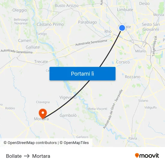 Bollate to Mortara map