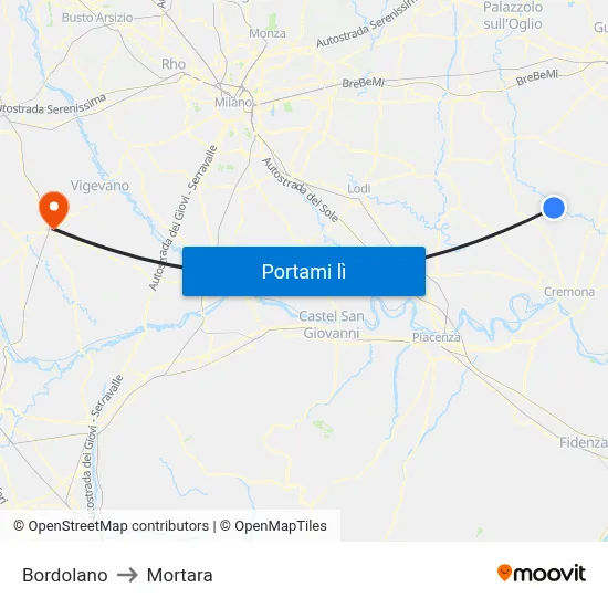 Bordolano to Mortara map