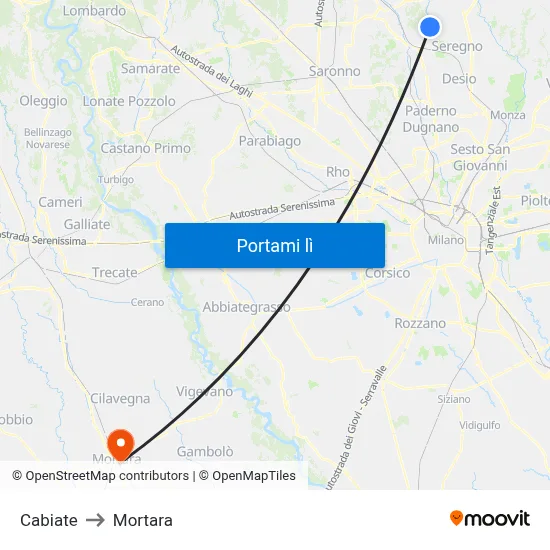 Cabiate to Mortara map