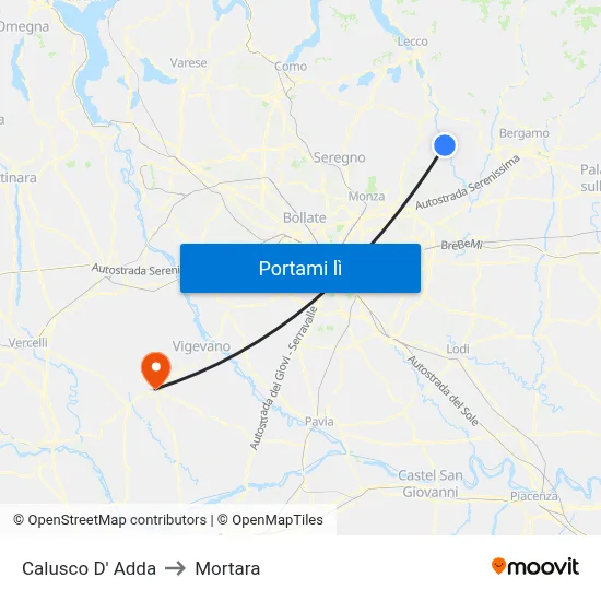 Calusco D' Adda to Mortara map