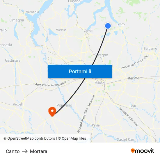 Canzo to Mortara map