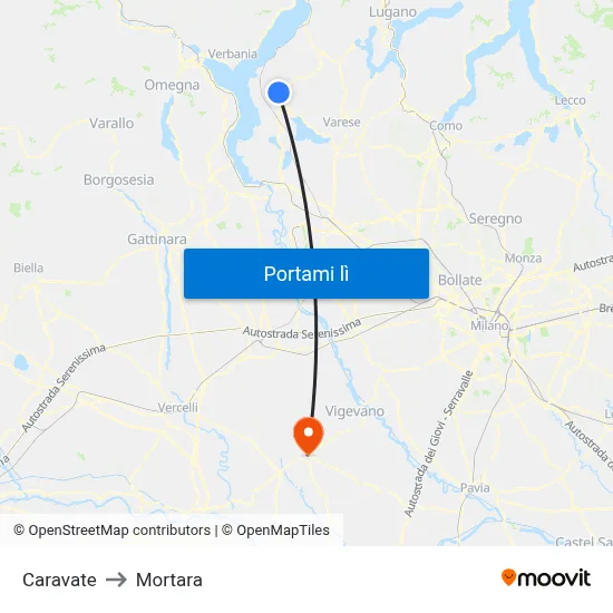 Caravate to Mortara map