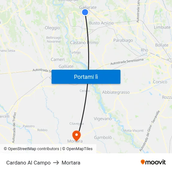 Cardano Al Campo to Mortara map