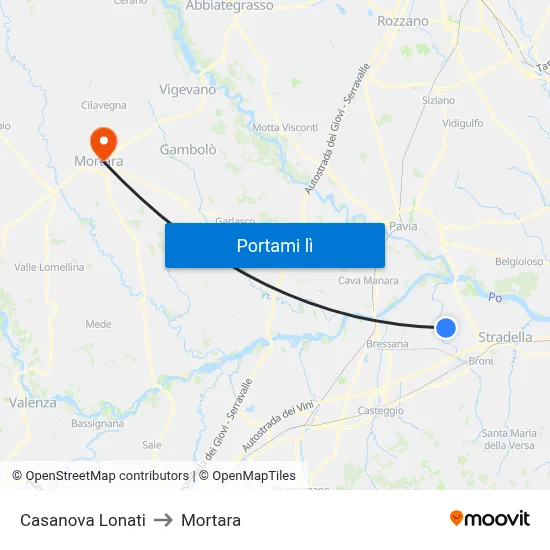 Casanova Lonati to Mortara map