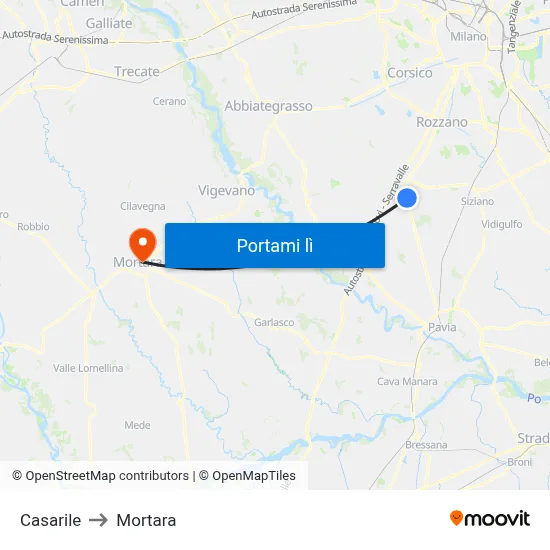 Casarile to Mortara map