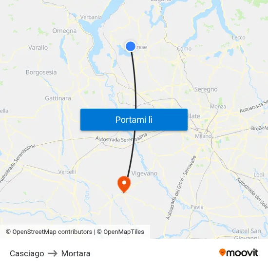 Casciago to Mortara map