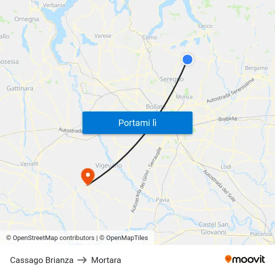 Cassago Brianza to Mortara map