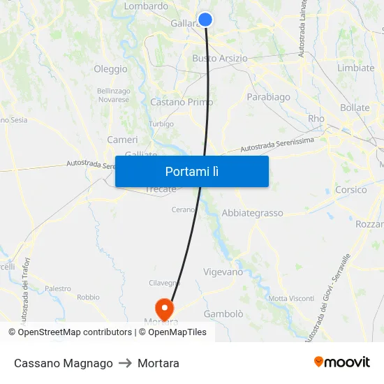Cassano Magnago to Mortara map