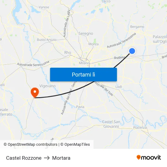 Castel Rozzone to Mortara map
